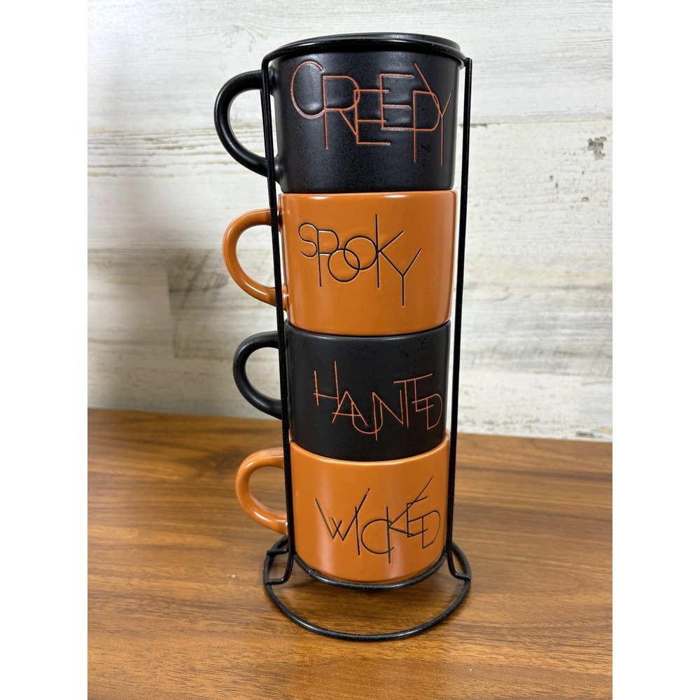 Prima Design Black & Orange‎ Halloween Themed Ceramic Coffee Mugs Set